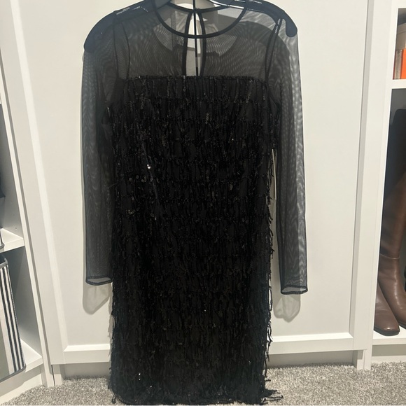 Eliza J Illusion Sequin Fringe Shift Dress  0 Cocktail See Through Arms Black - Picture 4 of 6